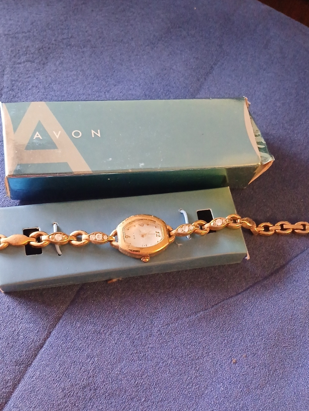 Avon Gold Tone Link Bracelet Watch with Crystal Accents